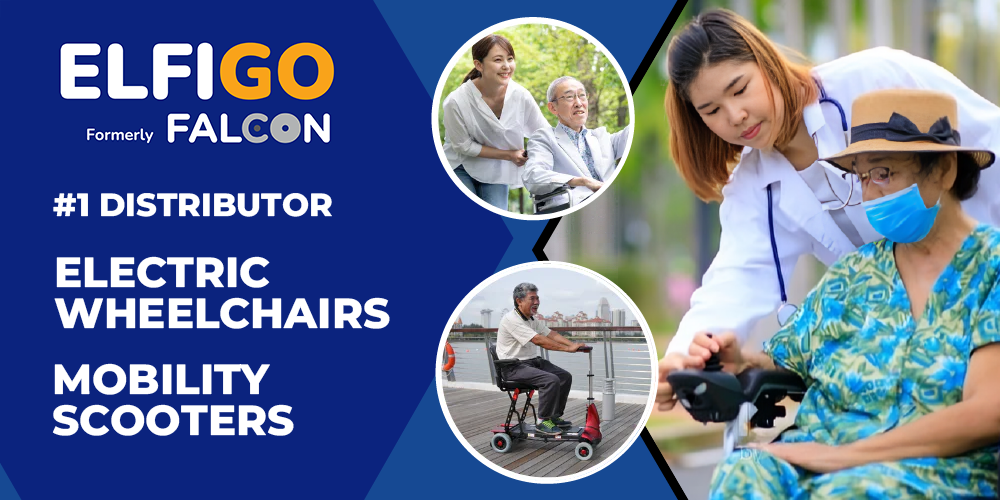 Advertisement for ELFIGO/FALCON, a distributor of electric wheelchairs and mobility scooters, with images of people using these products.