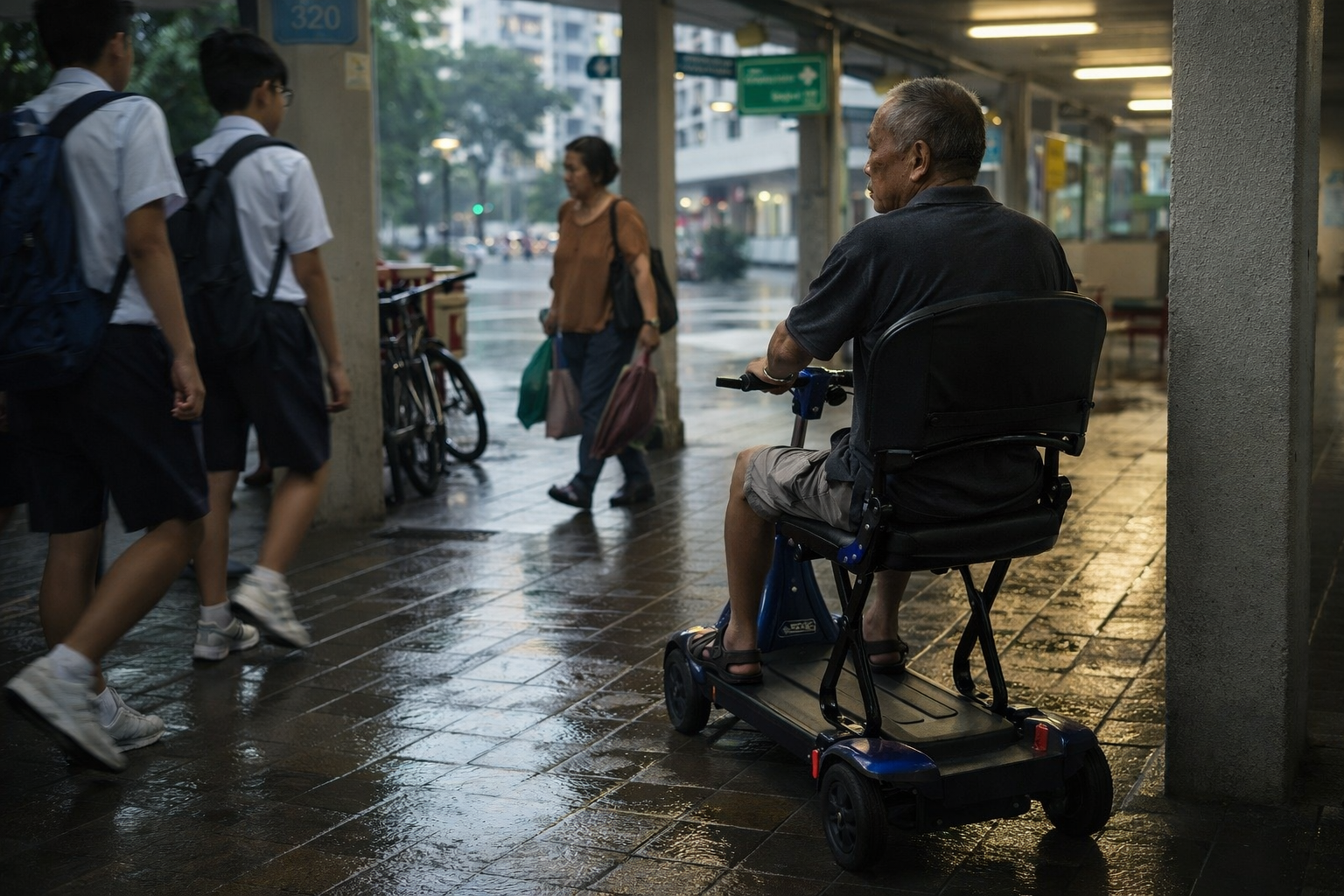 Pausing Mid-Shelter: How Narrow Pillar Spacing Alters Scooter Movement