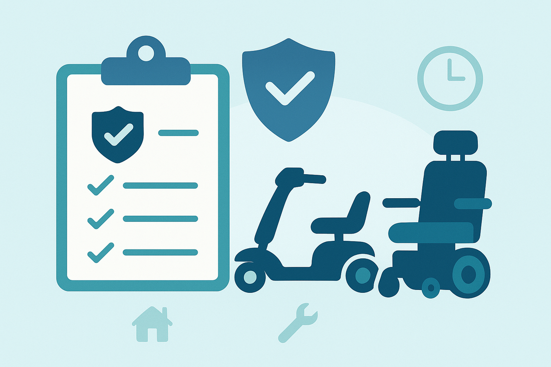 Illustration showing a warranty clipboard with shield and icons of a mobility scooter and electric wheelchair, representing PMA services.
