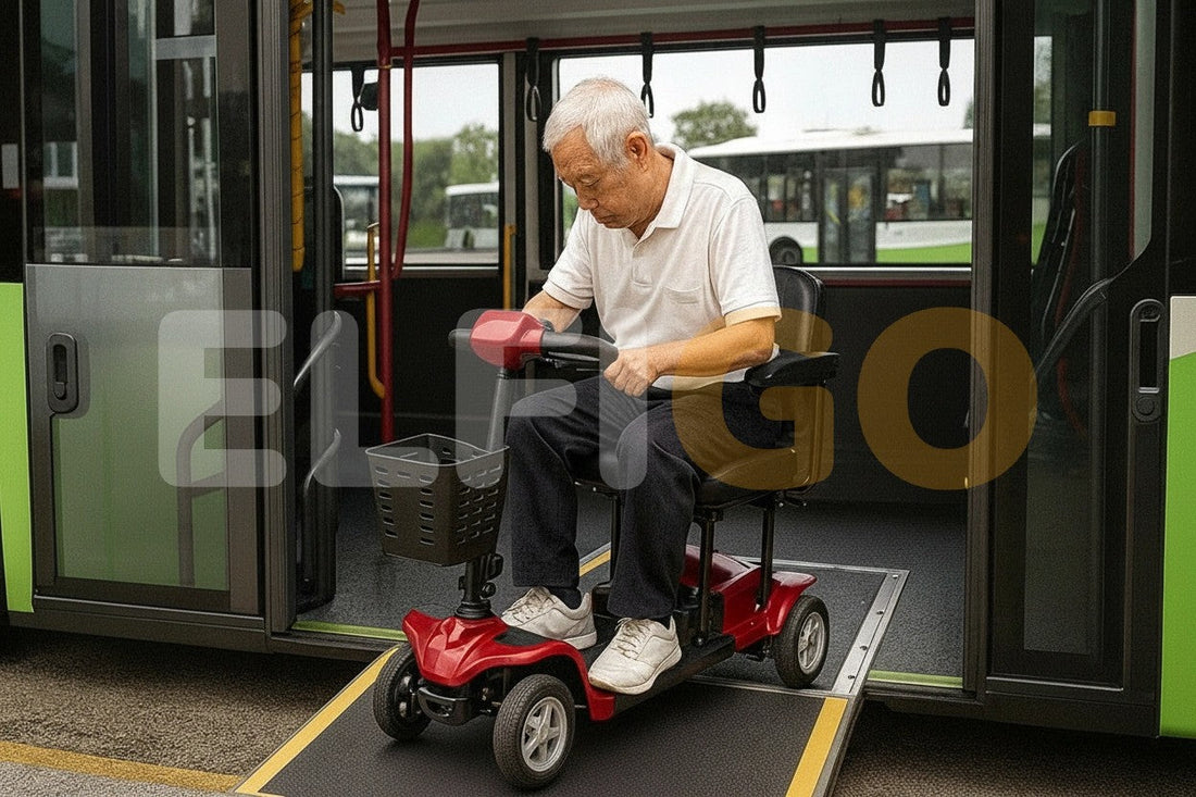 Mobility Scooter driving up Wheelchair Accessible Bus (WAB)
