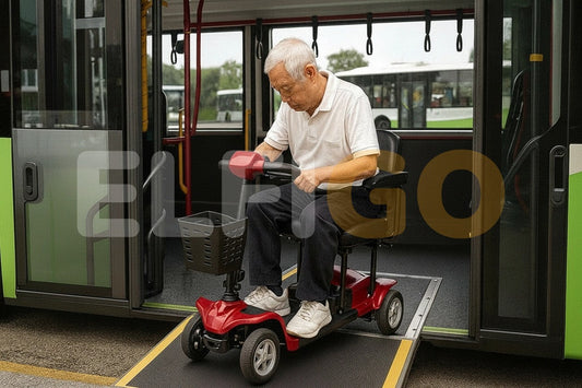 Mobility Scooter driving up Wheelchair Accessible Bus (WAB)