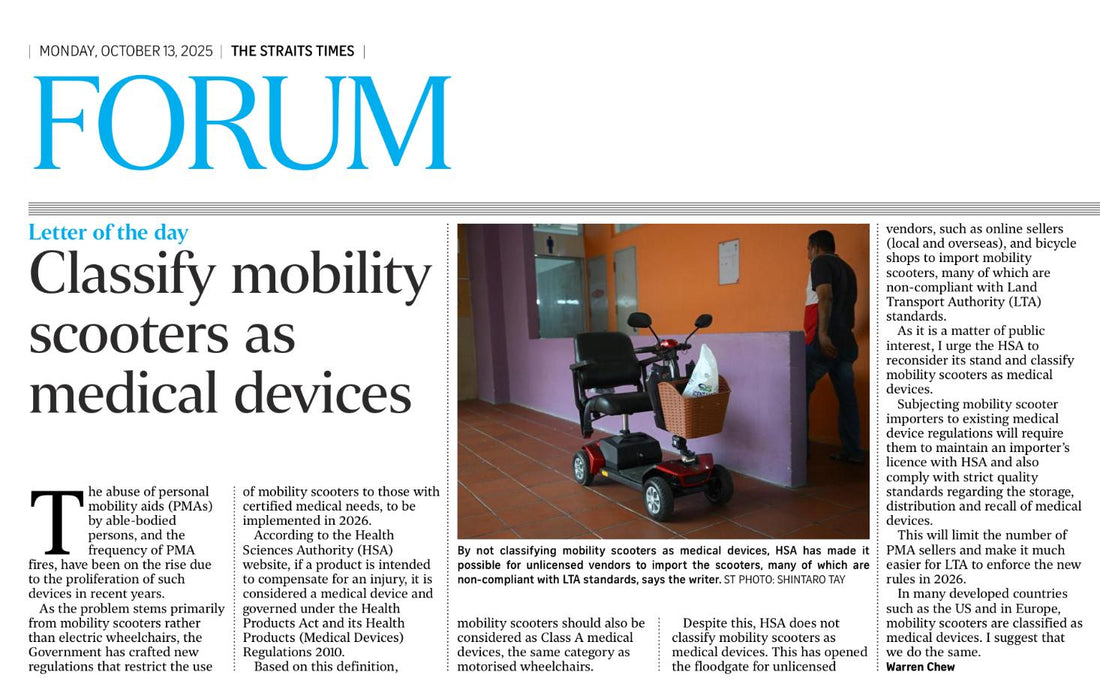 ELFIGO Founder Warren Chew's Letter to ST Forum titled: Classify mobility scooters as medical devices