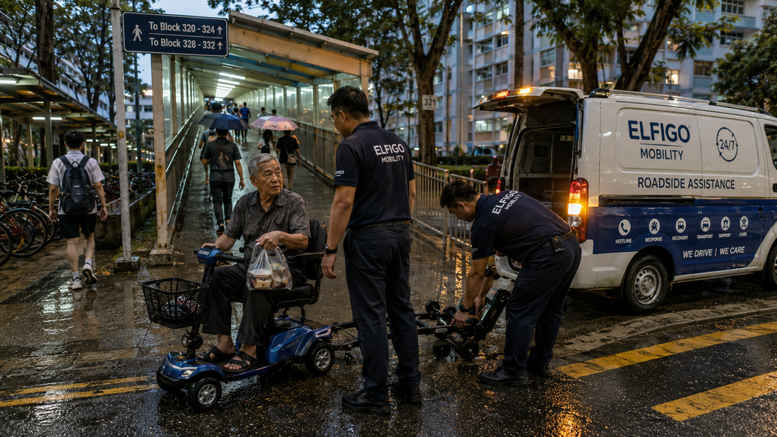 PMA Stops at the Base of a Covered Overhead Bridge Ramp Connecting Two HDB Estates During Evening Rain