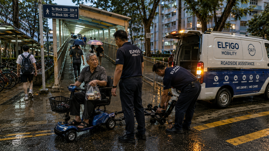PMA Stops at the Base of a Covered Overhead Bridge Ramp Connecting Two HDB Estates During Evening Rain