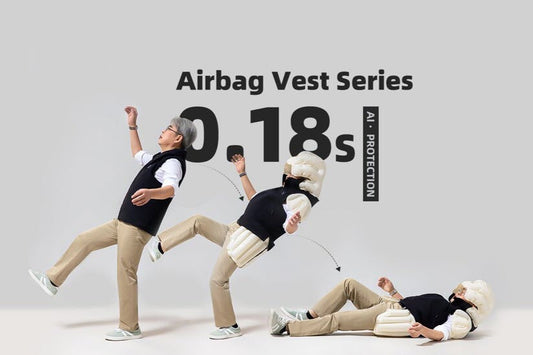 Fall protection airbag vest demonstration with people in various poses on a gray background